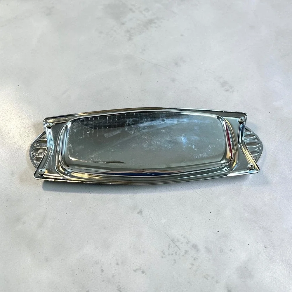 Vintage Art Deco Silver Tone Serving Tray Rectangular Chrome Plated Platter 14
